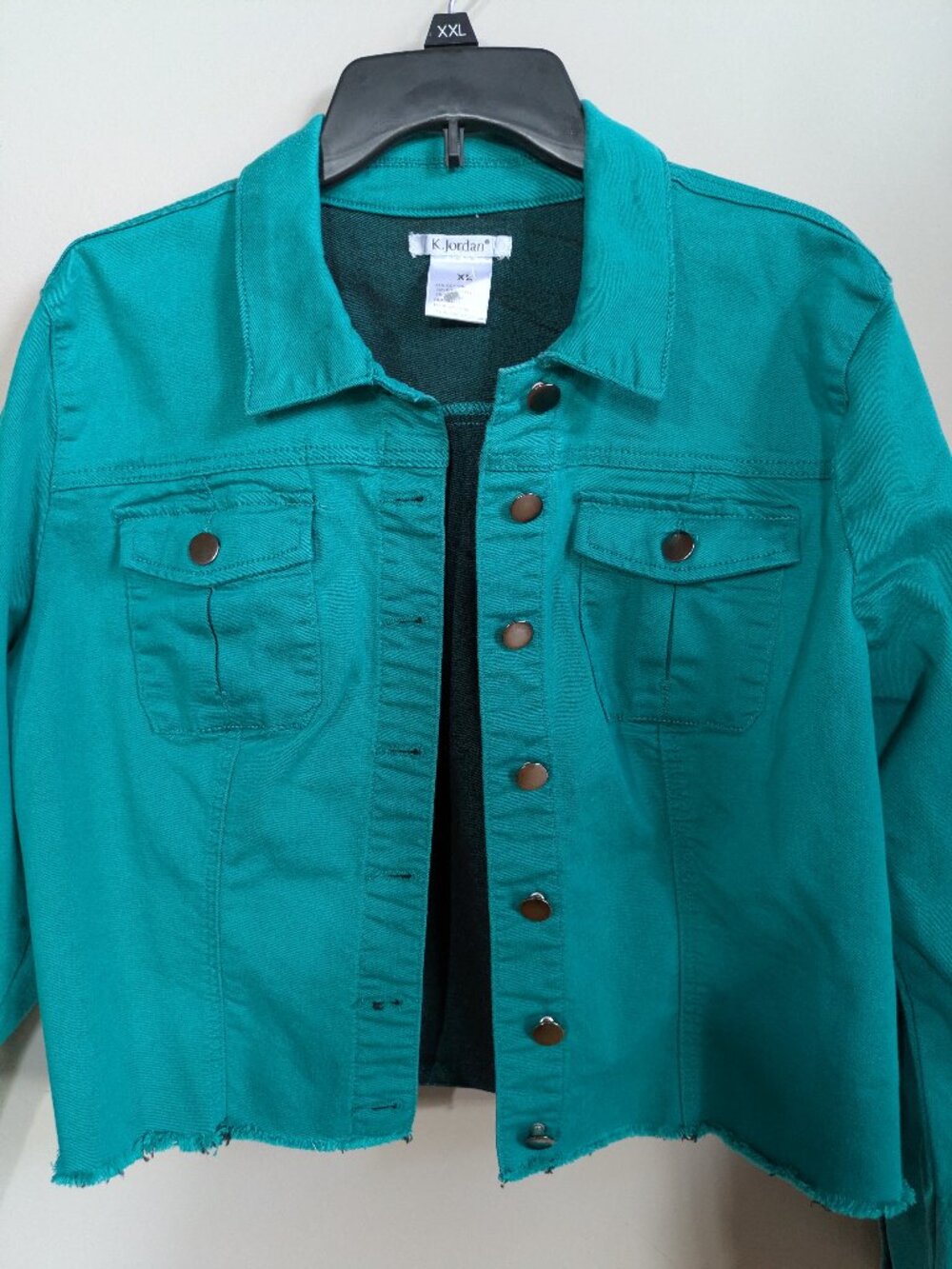 y2k style km jordan green denim jacket frayed hem retro style size XL #419